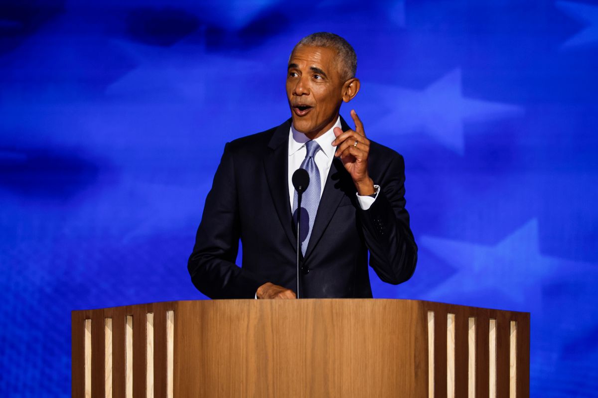 Former U.S. President Barack Obama speaks on stage during the second day of the Democratic National Convention at the United Center on August 20, 2024, in Chicago, Illinois. Delegates, politicians, and Democratic Party supporters are gathering in Chicago, as current Vice President Kamala Harris is named her party's presidential nominee. The DNC takes place from August 19-22. (Photo by Chip Somodevilla/Getty Images)