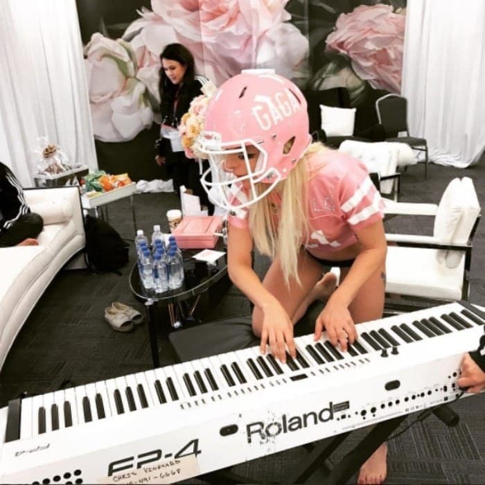 Lady Gaga suited up and huddled around her keyboard as she prepped to take the stage for the Pepsi Halftime Show.
Photo: Instagram/@ladygaga