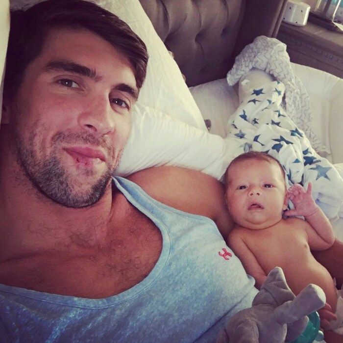 <a href="https://us.hellomagazine.com/tags/1/boomer-robert-phelps/"><strong>Boomer Robert Phelps</strong></a>
Like father, like son. Olympic swimmer <a href="https://us.hellomagazine.com/tags/1/michael-phelps/"><strong>Michael Phelps</strong></a> shared a laid-back photo of himself and his son Boomer Robert Phelps, whom he welcomed on May 5, 2016 with his fiancee Nicole Johnson. The proud first time dad had announced his son's arrival writing, "Welcome Boomer Robert Phelps into the world!!! Born 5-5-2016 at 7:21 pm !!! Healthy and happy!!! Best feeling I have ever felt in my life!!!"
<br>
Photo: Instagram.com/m_phelps00