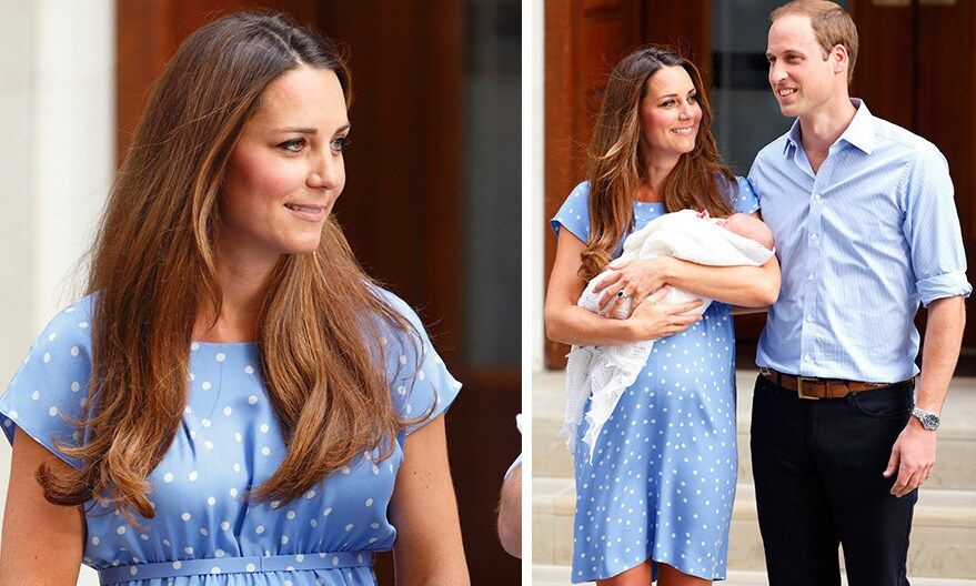 Blue for her baby boy! Kate emerged from the Lindo Wing in 2013 wearing a bespoke, cornflower dress featuring white polka dots, while proudly holding her newborn son Prince George.
<br>
Photo: Getty Images