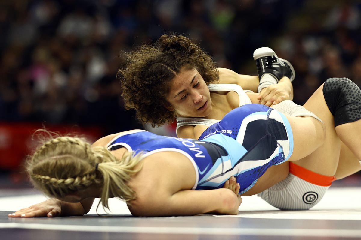  Audrey Jimenez and Sage Mortimer wrestle in the women's 50-KG division during the US Olympic Wrestling Trials held at the Bryce Jordan Center on April 19, 2024 in State College, Pennsylvania. (Photo by Tim Nwachukwu/Getty Images)