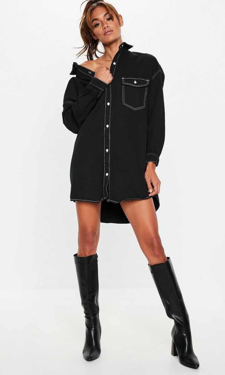 vestido camisero corto negro mangas largas Missguided