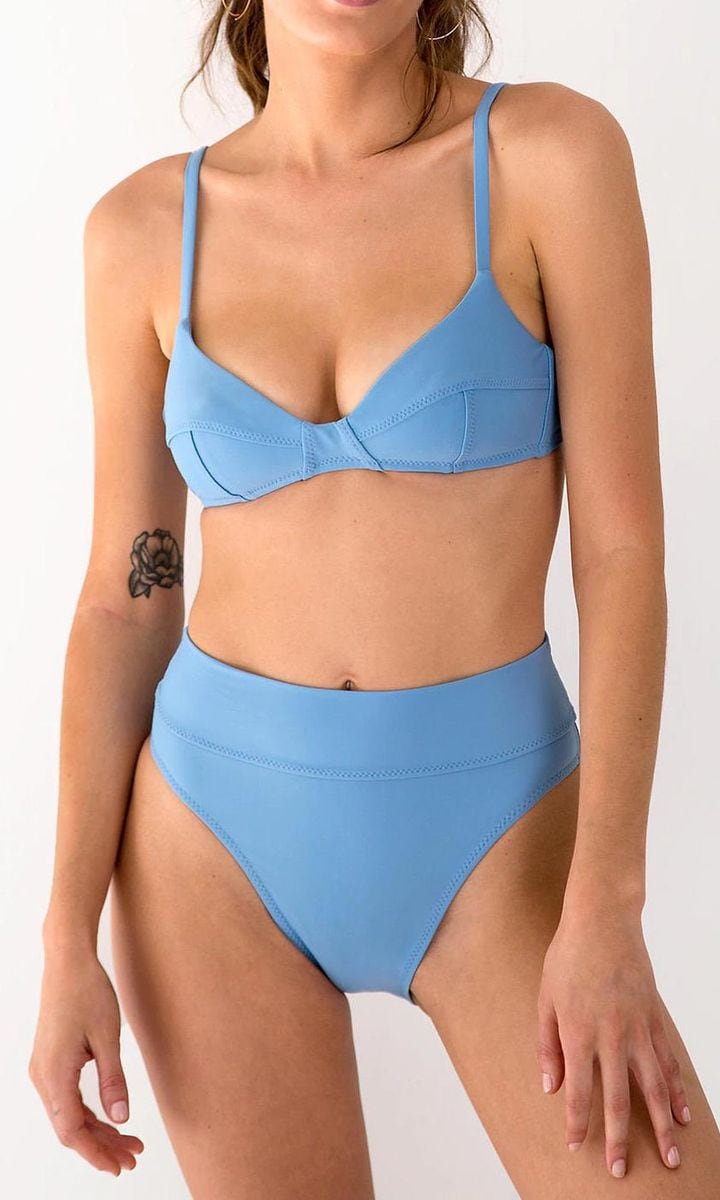 Blue bikini from Galamaar with a side-seam top and high-band waist on the bottom