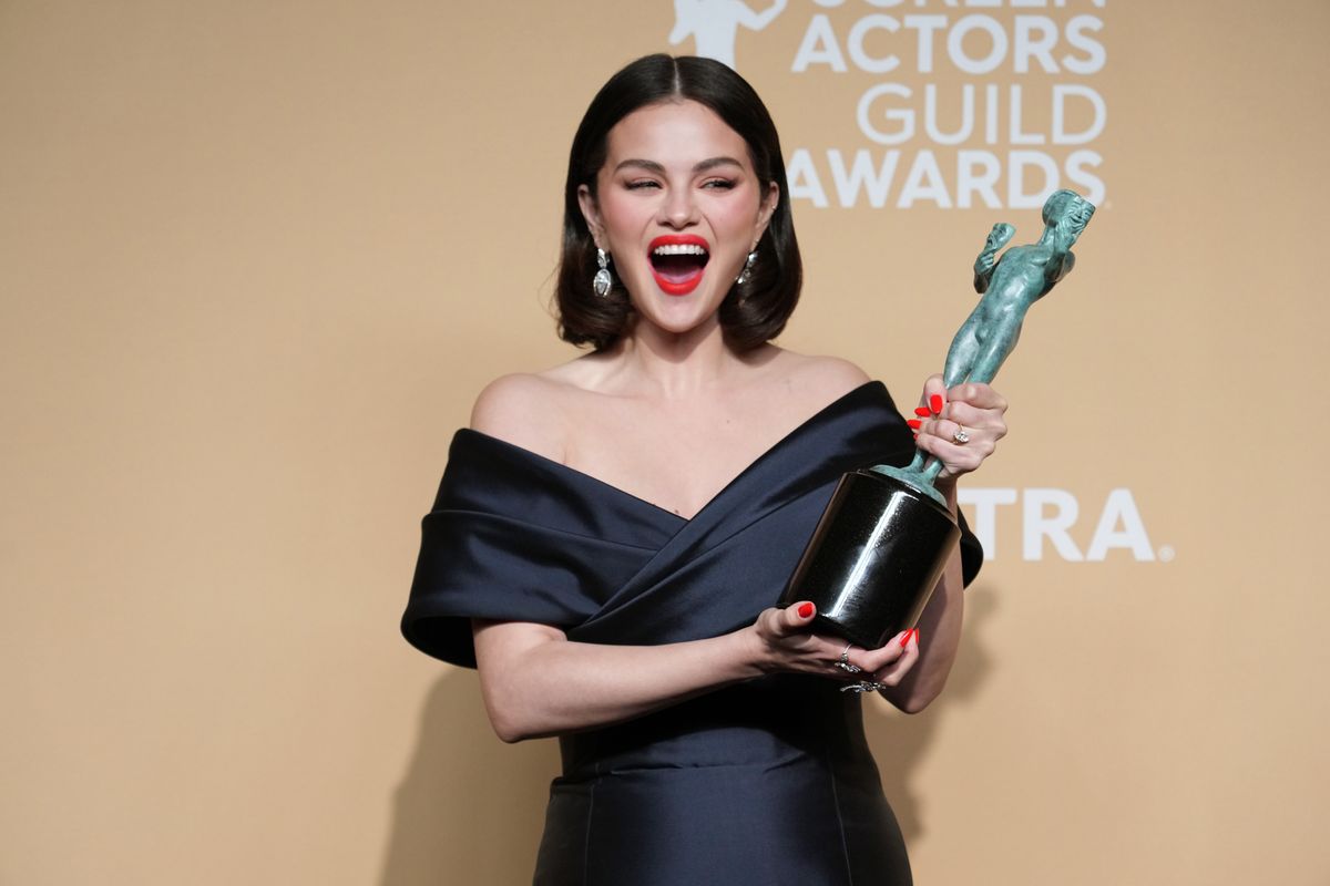 LOS ANGELES, CALIFORNIA - FEBRUARY 23: Selena Gomez, winner of Outstanding Performance by an Ensemble in a Comedy Series for "Only Murders in the Building," poses in the press room during the 31st Annual Screen Actors Guild Awards at Shrine Auditorium and Expo Hall on February 23, 2025 in Los Angeles, California. (Photo by Jeff Kravitz/FilmMagic)