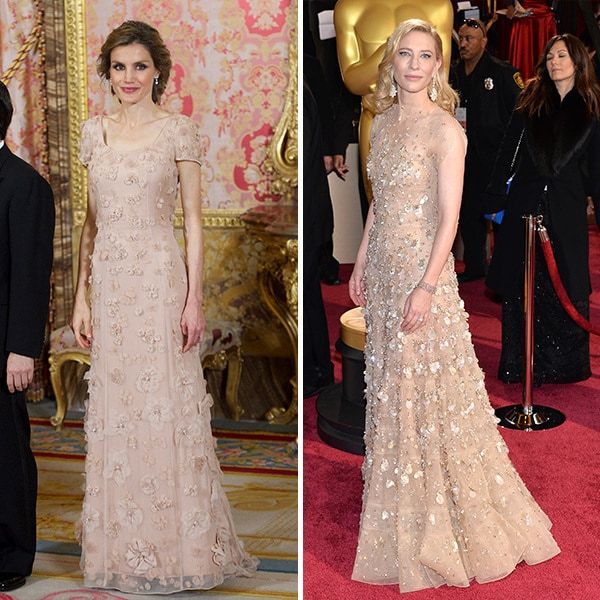 <b>Queen Letizia of Spain and Cate Blanchett</B>
<br>
Check out these belles of the ball! Here, both style icons shine in nude colored gowns with floral embellishments - the monarch at a gala dinner with Japanese royalty and the actress to pick up an Oscar for Blue Jasmine in 2014.
<br>
<br>
Photo: Getty Images