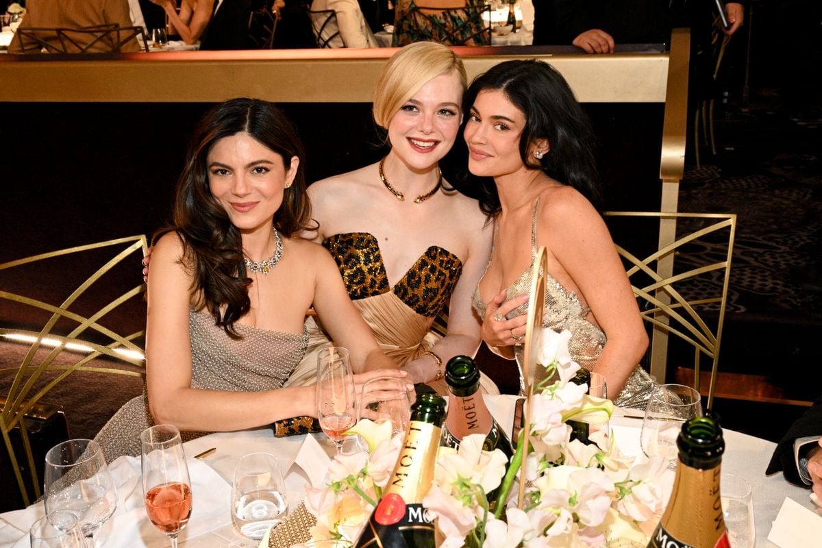 Monica Barbaro with Elle Fanning and Kylie Jenner at the Golden Globes