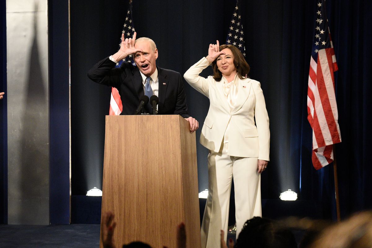 Jim Carrey as Joe Biden and Maya Rudolph as Kamala Harris during the "Biden Victory" Cold Open on Saturday, November 7, 2020 -- (Photo By: Will Heath/NBC/NBCU Photo Bank via Getty Images)