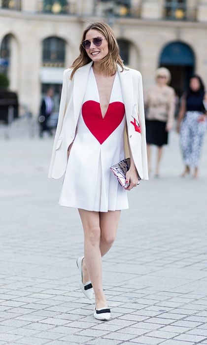 Olivia Palermo was wearing her heart on her sleeve well, actually her dress! outside the Schiaparelli show.
Photo: Christian Vierig/Getty Images