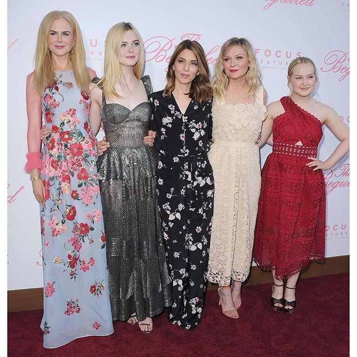 June 12: A seriously stylish lineup at the US premiere of <I>The Beguiled</I> in Los Angeles: Left to right, Nicole Kidman, Elle Fanning in Naeem Khan, Sofia Coppola, Kirsten Dunst wearing Chloe and Emma Howard.
Photo: Jon Kopaloff/FilmMagic