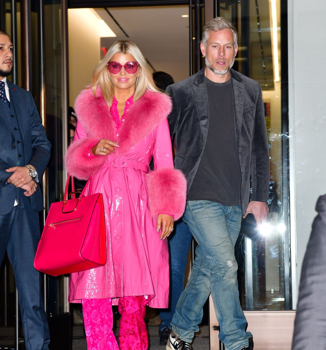   Jessica Simpson and Eric Johnson leave BuzzFeed on February 4, 2020 in New York City.  (Photo by James Devaney/GC Images)