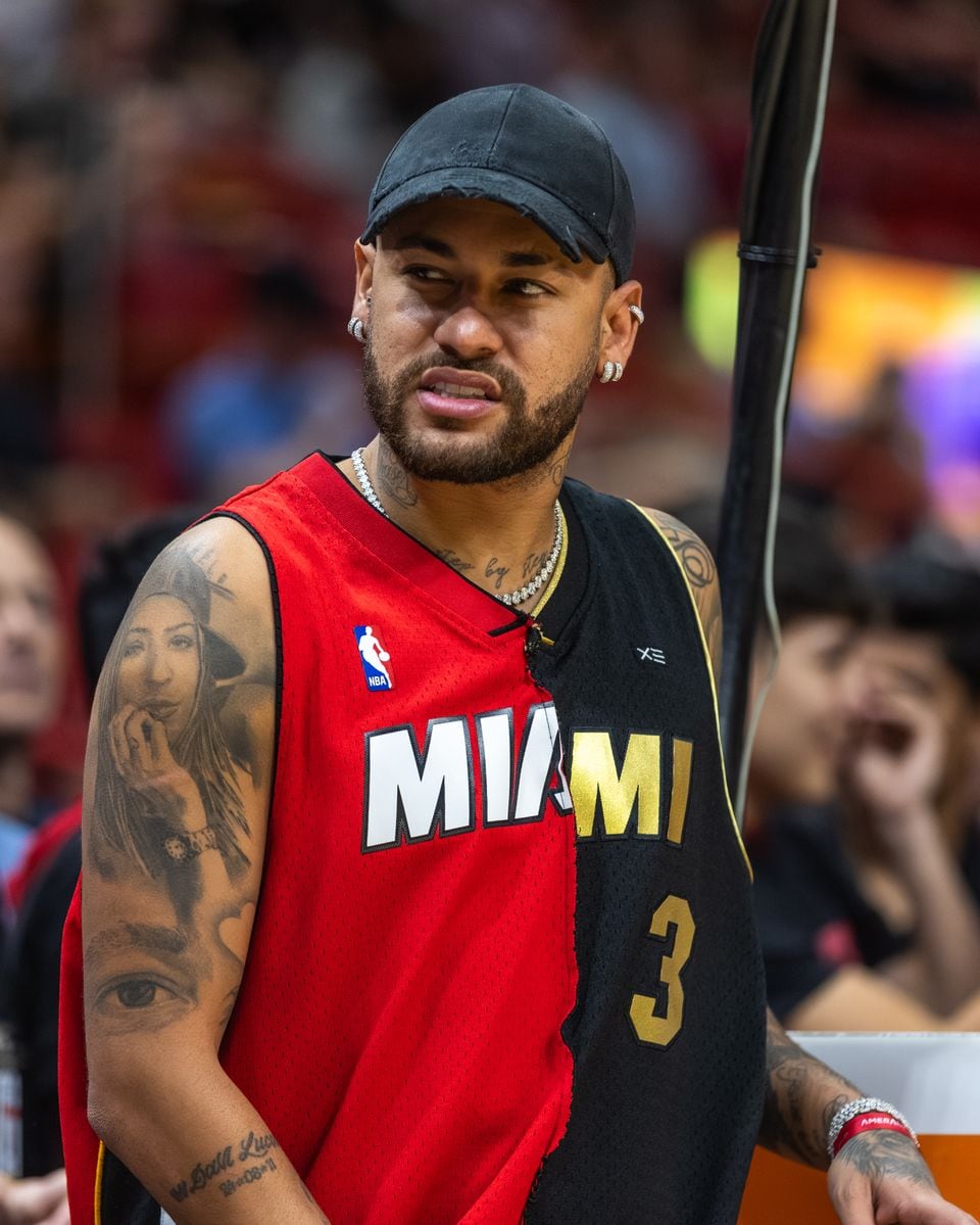 Neymar Jr before the Portland Trail Blazers v Miami Heat game at the Kaseya Center on March 29, 2024 in Miami, Florida. NOTE TO USER: User expressly acknowledges and agrees that, by downloading and or using this photograph, User is consenting to the terms and conditions of the Getty Images License Agreement.  (Photo by Lauren Sopourn/Getty Images)