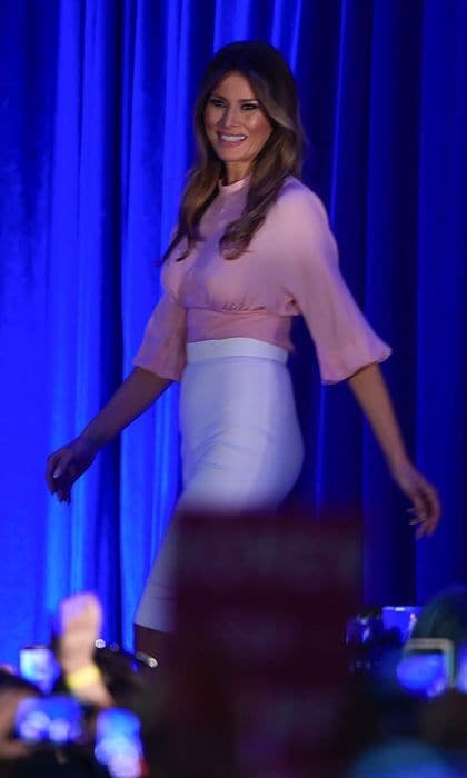 The Slovenian-born beauty showed off classy style during a campaign event for her husband in November 2016 donning a pink blouse paired with an ivory high-waisted skirt.
Photo: Sipa USA SIPA USA/PA Images