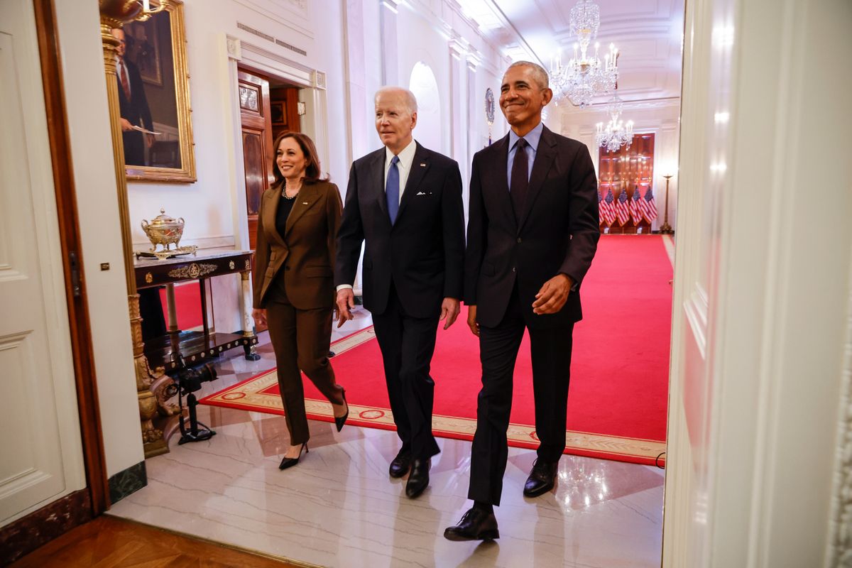 (L-R) Vice President Kamala Harris, former President Barack Obama, and U.S. President Joe Biden arrive for an event to mark the 2010 passage of the Affordable Care Act in the East Room of the White House on April 5, 2022 in Washington, DC. With then-Vice President Joe Biden by his side, Obama signed 'Obamacare' into law on March 23, 2010.