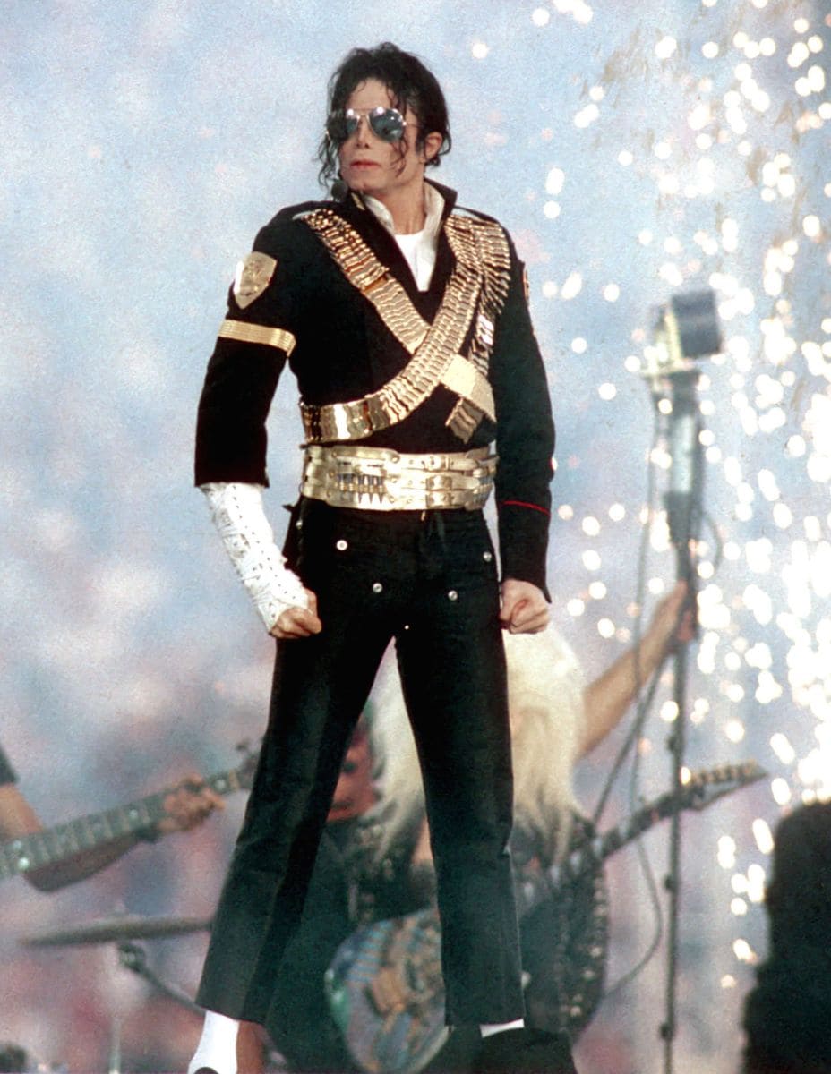 Michael Jackson performs during halftime of a 52-17 Dallas Cowboys win over the Buffalo Bills in Super Bowl XXVII 