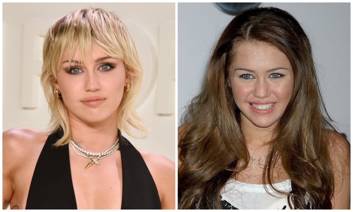Miley Cyrus with short blond hair on the left and long brown caramel-colored hair on the right