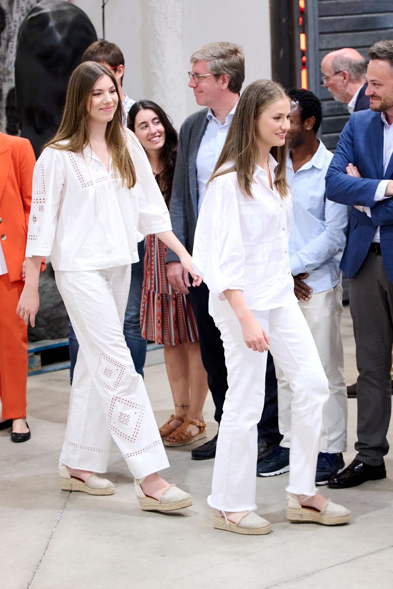 BARCELONA, SPAIN - JULY 09: Crown Princess Leonor of Spain (R) and Princess Sofia of Spain (L) visit the studio of the artist Jaume Plensa during the events of the XV anniversary of the Princess of Girona Foundation on July 09, 2024 in Barcelona, Spain. (Photo by Carlos Alvarez/Getty Images)