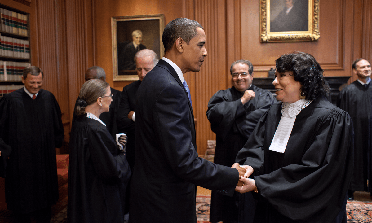 President Barack Obama speaks with Judge Sonia Sotomayor.