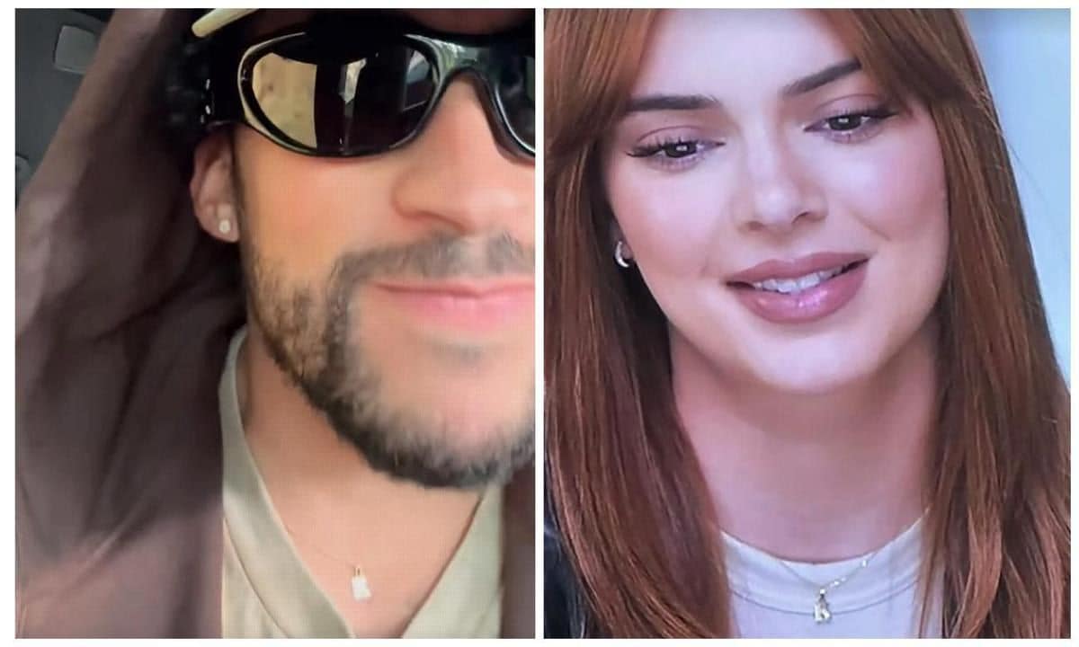 Bad Bunny wears a silver necklace with a ‘K’ charm rumored to be owned by Kendall Jenner