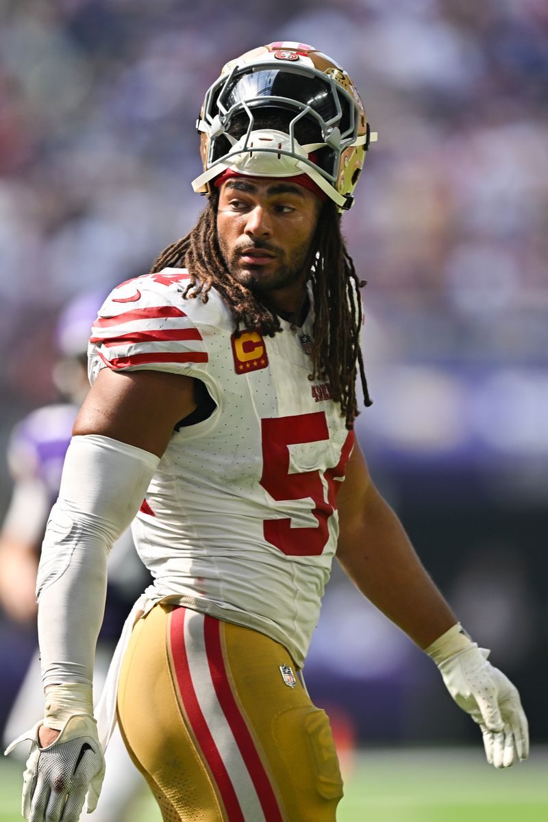 Fred Warner #54 of the San Francisco 49ers looks on during the game against the Minnesota Vikings at U.S. Bank Stadium on September 15, 2024 in Minneapolis, Minnesota. The Vikings beat the 49ers 23-17. (Photo by Alika Jenner/Getty Images)