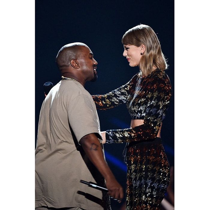 The transcript (via E!) of the singers' phone call reads: <br>
Kanye West reads the <i>Famous</i> lyric: "To all my southside n----s that know me best, I feel like me and Taylor might still have sex."<br>
Taylor Swift: "I'm like this close to overexposure."<br>
Kanye West: "Oh, well this I think this a really cool thing to have."<br>
Taylor Swift: "I know, I mean it's like a compliment, kind of."<br>
Kanye West: "All I give a f--k about is you as a person and as a friend, I want things that make you feel good."<br>
Taylor Swift: "That's sweet."<br>
Kanye West: "I don't want to do rap that makes people feel bad."<br>
Taylor Swift: "Umm, yeah I mean go with whatever line you think is better. It's obviously very tongue in cheek either way. And I really appreciate you telling me about it, that's really nice."<br>
Kanye West: "Oh yeah, I just had a responsibility to you as a friend you know, and I mean thanks for being so cool about it."<br>
Taylor Swift: "Aw thanks. Um yeah I really appreciate it, like the heads up is so nice. [inaudible] Even asking or seeing if I would be okay with it and I just really appreciate it. Like I would never expect you to like tell me about a line in one of your songs."<br>
Kanye West: "It's pretty crazy."<br>
Taylor Swift: "And then the flowers that you sent me, I like Instagrammed a picture of them and it's like the most Instagram likes I've ever gotten. It was like 2.7" [video cuts off]<br>
Kanye West: "Relationships are more important than punch lines, ya know?"<br>
Taylor Swift: "I don't think anyone would listen to that and be like that's a real diss she must be crying. You've gotta tell the story the way that it happened to you and the way that you experienced it. You honestly didn't know who I was before that. It doesn't matter that I sold 7 million of that album before you did that which is what happened, you didn't know who I was before that. It's fine."<br>
Taylor Swift: "I might be in debt, but I can make these things happen. I have the ideas to do it and I create these things and concepts. I'm always going to respect you. I'm really glad that you have the respect to call me and tell me that as a friend about the song. It's a really cool thing to do and a really good show of friendship so thank you."<br>
Kanye West: "Thank you, too."<br>
Taylor Swift: "And you know, if people ask me about it I think it would be great for me to be like, 'Look, he called me and told me the line before it came out. Jokes on you guys, We're fine.'
You guys want to call this a feud; you want to call this throwing shade but right after the song comes out I'm going to be on a Grammys red carpet and they're going to ask me about it and I'll be like, 'He called me.' It's awesome that you're so outspoken about this and be like, 'Yeah, she does. It made her famous.' Its more provocative to say 'might still have sex' It's doesn't matter to me. There's not like one [line] that hurts my feelings and one that doesn't."
</br><br>
Photo: Kevin Winter/MTV1415/Getty Images For MTV