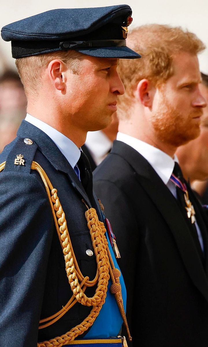 The Prince of Wales and Prince Harry walked side by side during the procession to Westminster Hall.