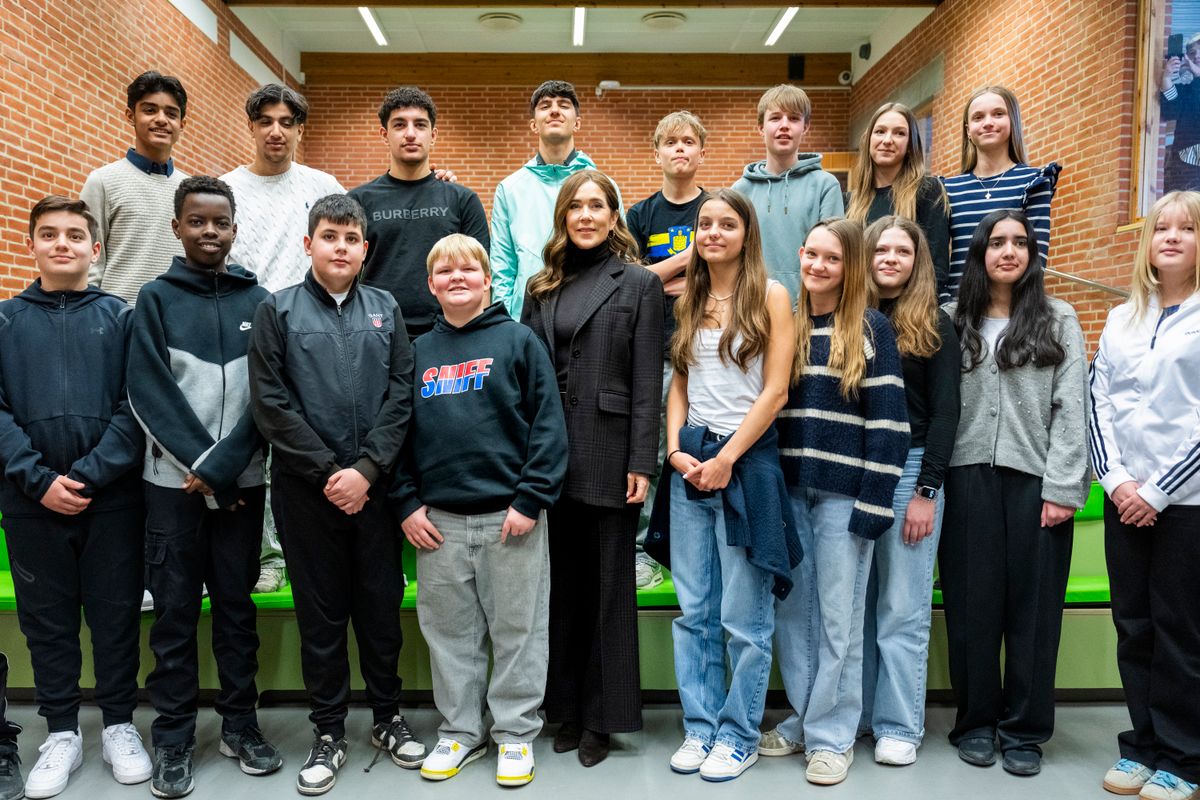   Danish Queen Mary participates in the School Force visit with the Mary Foundation at Pilehaveskolen on March 17, 2025 in Vallensbaek, Denmark