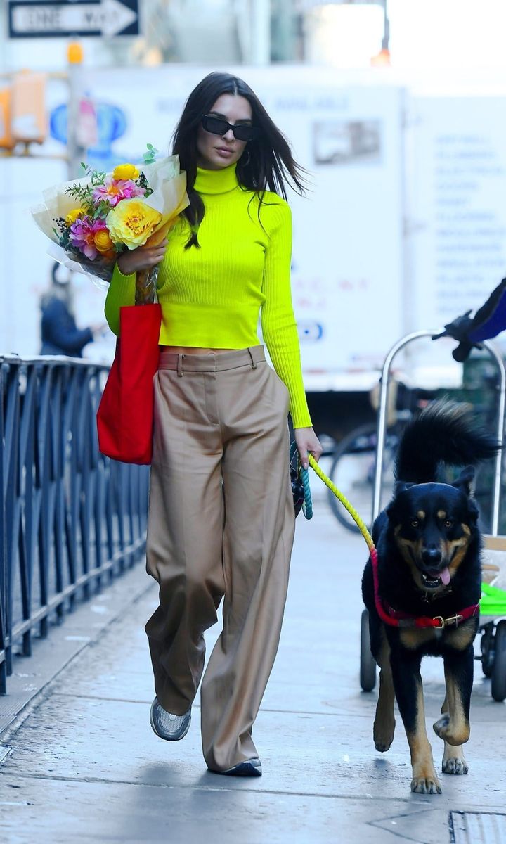 Emily Ratajkowski Shines in Bright Yellow Top & Baggy Pants at an Office Building in NYC