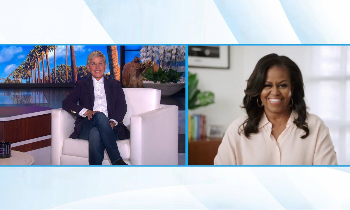 Michelle Obama chatting with Ellen DeGeneres