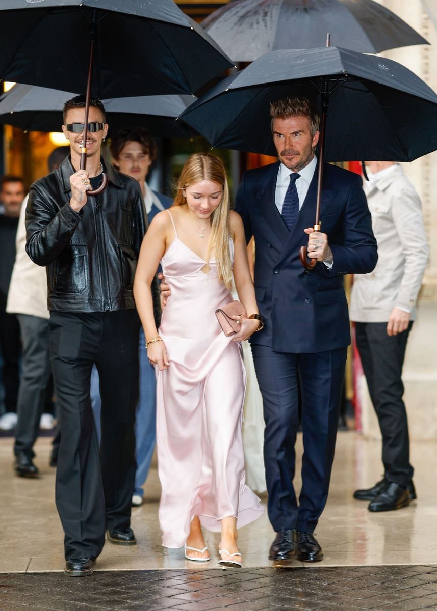 Romeo Beckham, Harper Beckham, and David Beckham in Paris, France. 