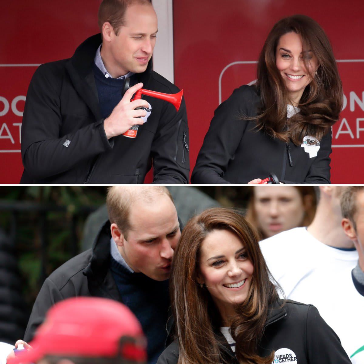 After nearly six years of marriage and two kids later, the couple showed that they still know how to have fun. The Duke's playful side was on display as he blew an air horn at his wife and planted a kiss on Kate's head during the 2017 Virgin Money London Marathon.