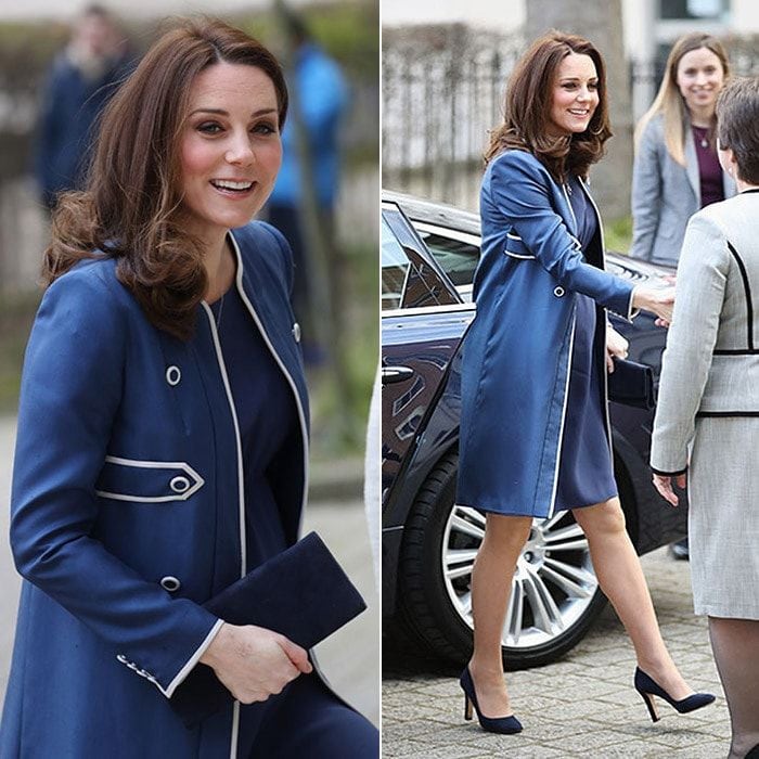 On February 27, the Duchess of Cambridge visited the Royal College of Obstetricians and Gynecologists (RCOG) wearing a bespoke blue Jenny Packham military-inspired coat worn over a matching blue dress. Kate completed her ensemble with Jimmy Choo shoes and a blue clutch.
Photos: Getty Images