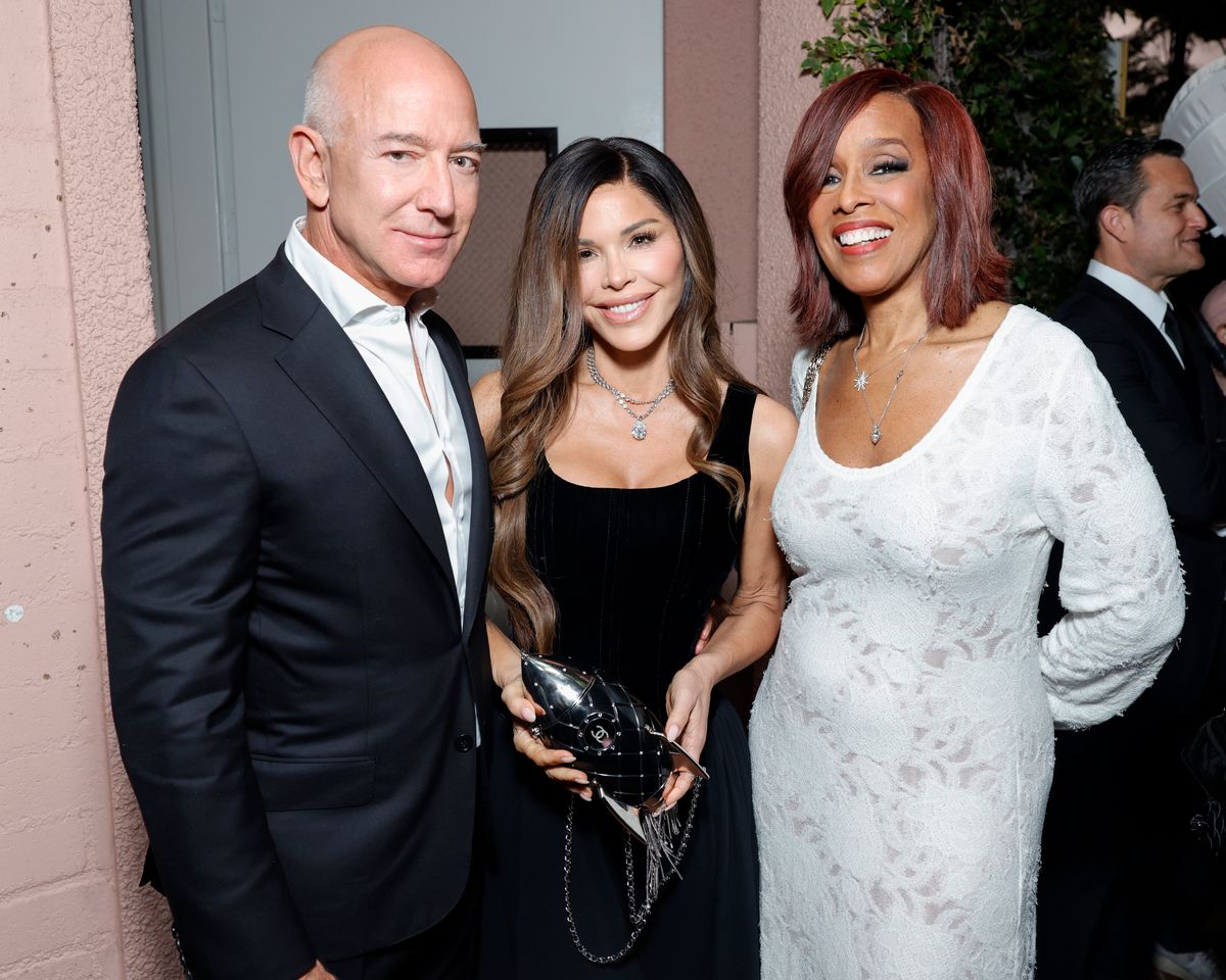 (L-R) Jeff Bezos, Lauren Sannchez, and Gayle King attend the CHANEL and Charles Finch Annual Pre-Oscar Dinner 