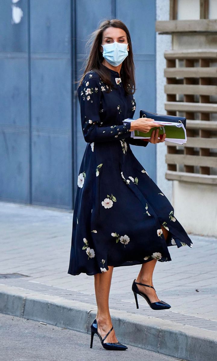 Queen Letizia wore a dark floral print dress on Sept. 10