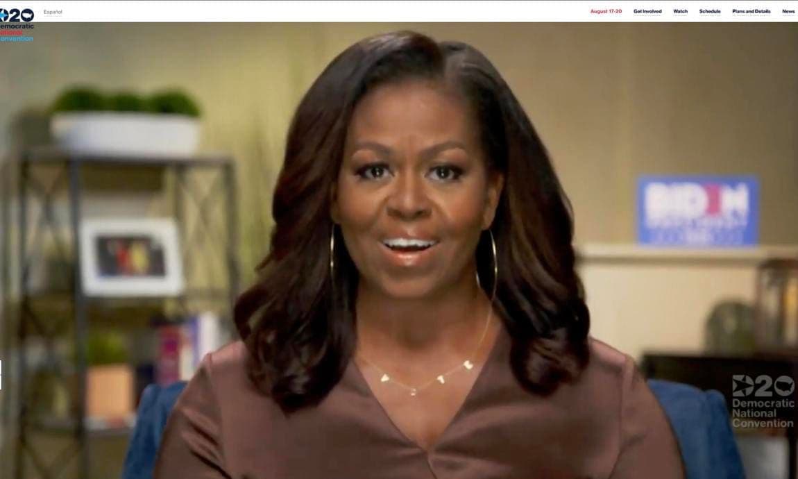 Michelle Obama wore a VOTE necklace from BYCHARI on Aug. 17