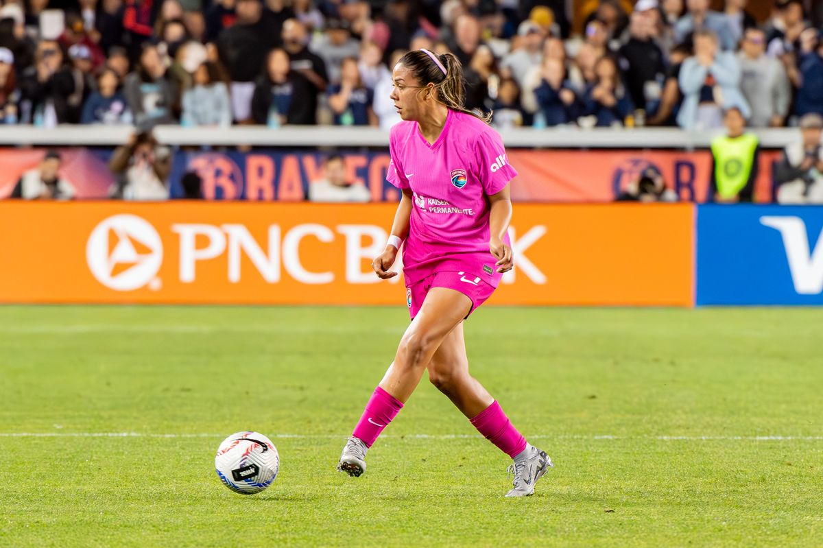 Maria Sanchez, #77 of San Diego Wave, passes the ball during a game between San Diego Wave FC and Bay FC at PayPal Park on May 17, 2024, in San Jose, California. (Photo by Lyndsay Radnedge/ISI Photos/Getty Images)