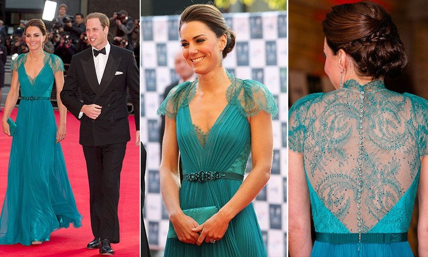 Kate turned heads in a daring teal gown for the 2012 Our Greatest Team Rises - BOA Olympic Concert held at London's Royal Albert Hall. The royal stepped out for the event wearing the stunning piece, which featured a sheer lace back, lace cap sleeves, a Swarovski beaded belt, and a flowing chiffon skirt.
<br>
Photo: Getty Images