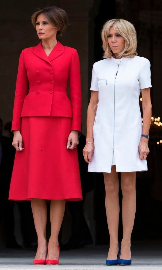 When the American first lady, dressed in Dior, met her French counterpart during a welcome ceremony at Les Invalides in Paris on July 13, together they made for a very patriotic palette.
Photo: Getty Images