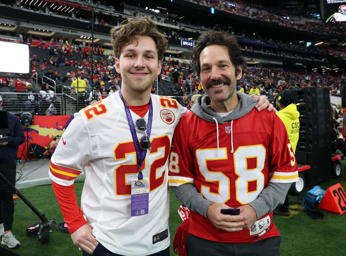 Jack Sullivan Rudd and Paul Rudd attend the Super Bowl LVIII Pregame 