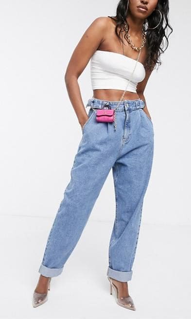 Tapered Boyfriend Jeans With D-Ring Waist Detail With Curved Seams In Mid Blue by Asos