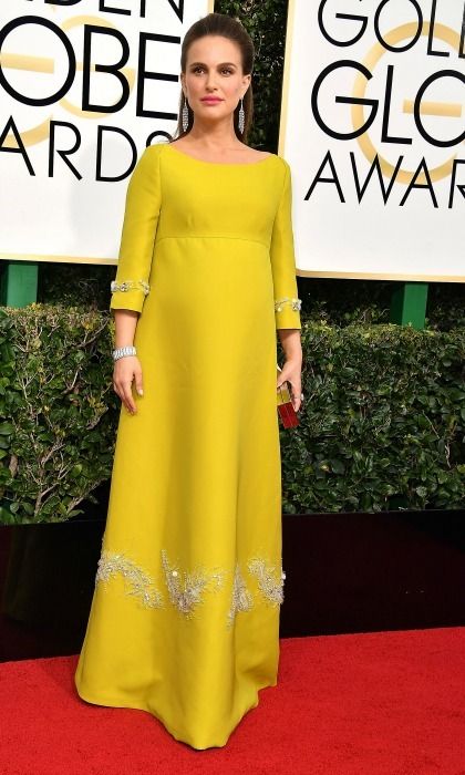 Natalie Portman's pregnancy glow added some additional sunshine to her custom embellished Prada dress during the 74th annual Golden Globes.
Photo: Steve Granitz/WireImage