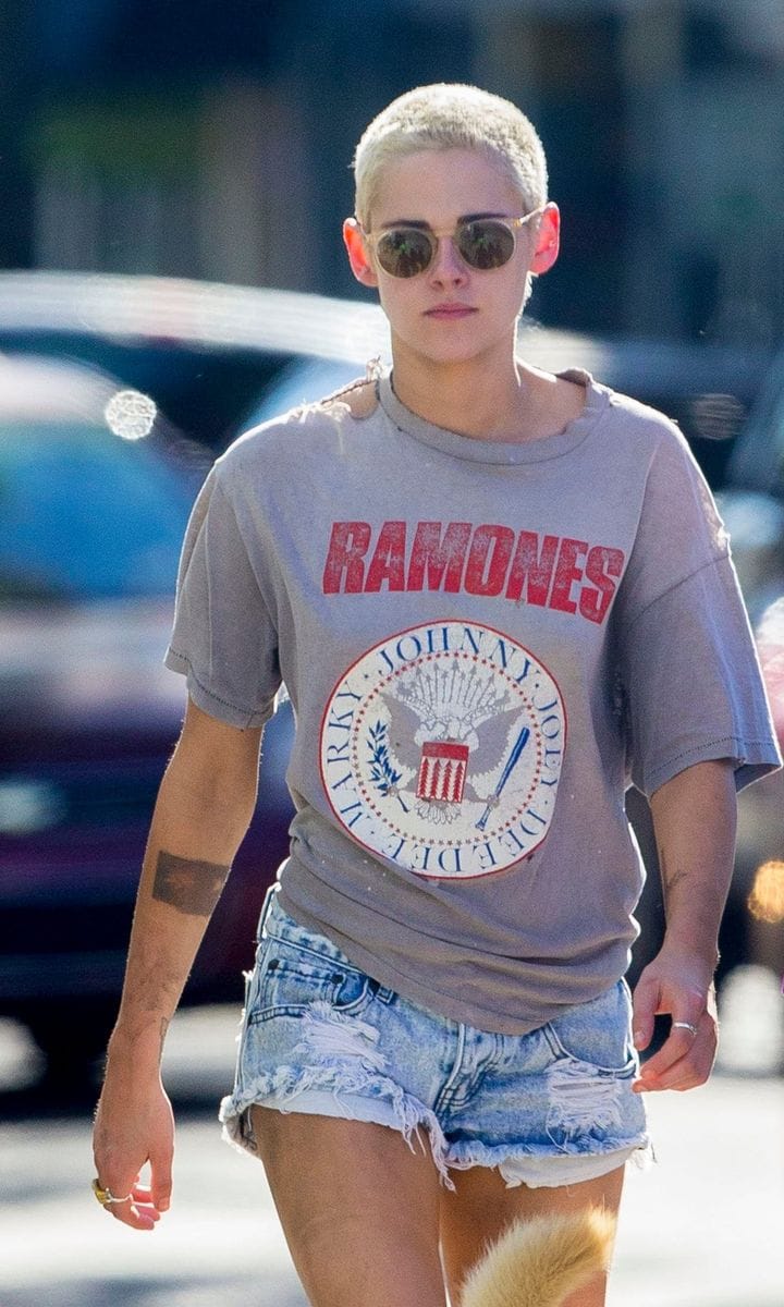 Kristen Stewart wearing a very torn 'Ramones' t-shirt.