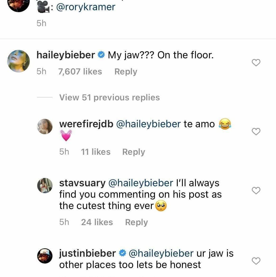 Hailey and Justin Bieber exchange playful comments underneath an Instagram video