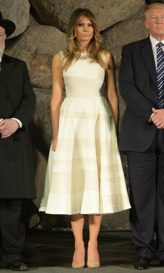First lady Melania Trump wore a cream sleeveless Roksanda dress with A-line skirt to join her husband President Trump to tour the Yad Vashem Holocaust museum in Jerusalem on May 23, 2017.
Photo: Amos Ben Gershom/GPO via Getty Images