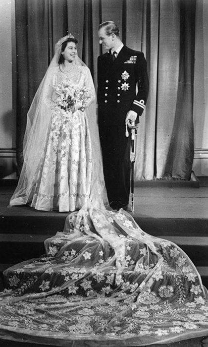 Then-Princess Elizabeth with Philip Mountbatten on their wedding day in 1947.
<br>
Photo: Getty Images