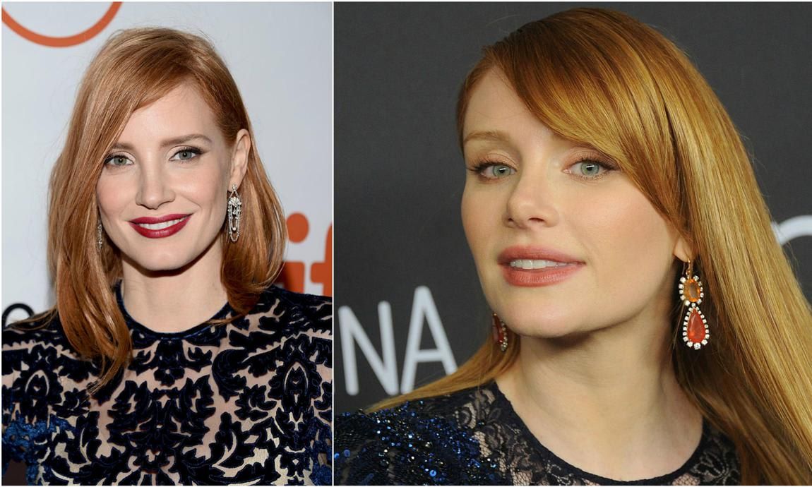 Side-by-side photos of famous redheads Jessica Chastain and Bryce Dallas Howard demonstrating how similar they look