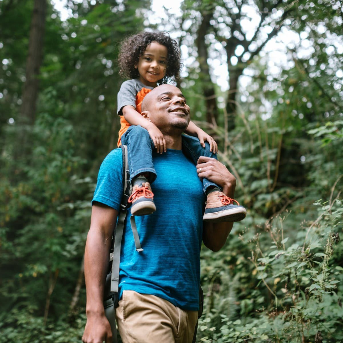 Father Carries Son On Hike Through Forest Trail in Pacific Northwest