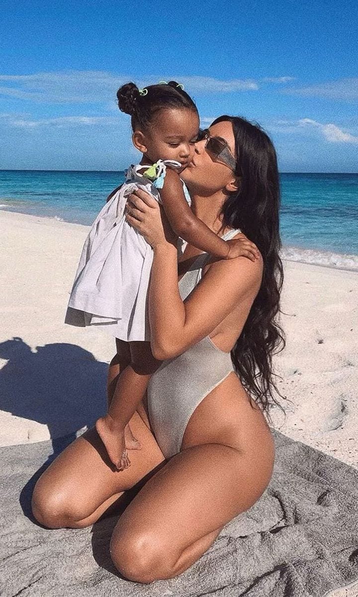 Kim Kardashian and Chicago West at the beach