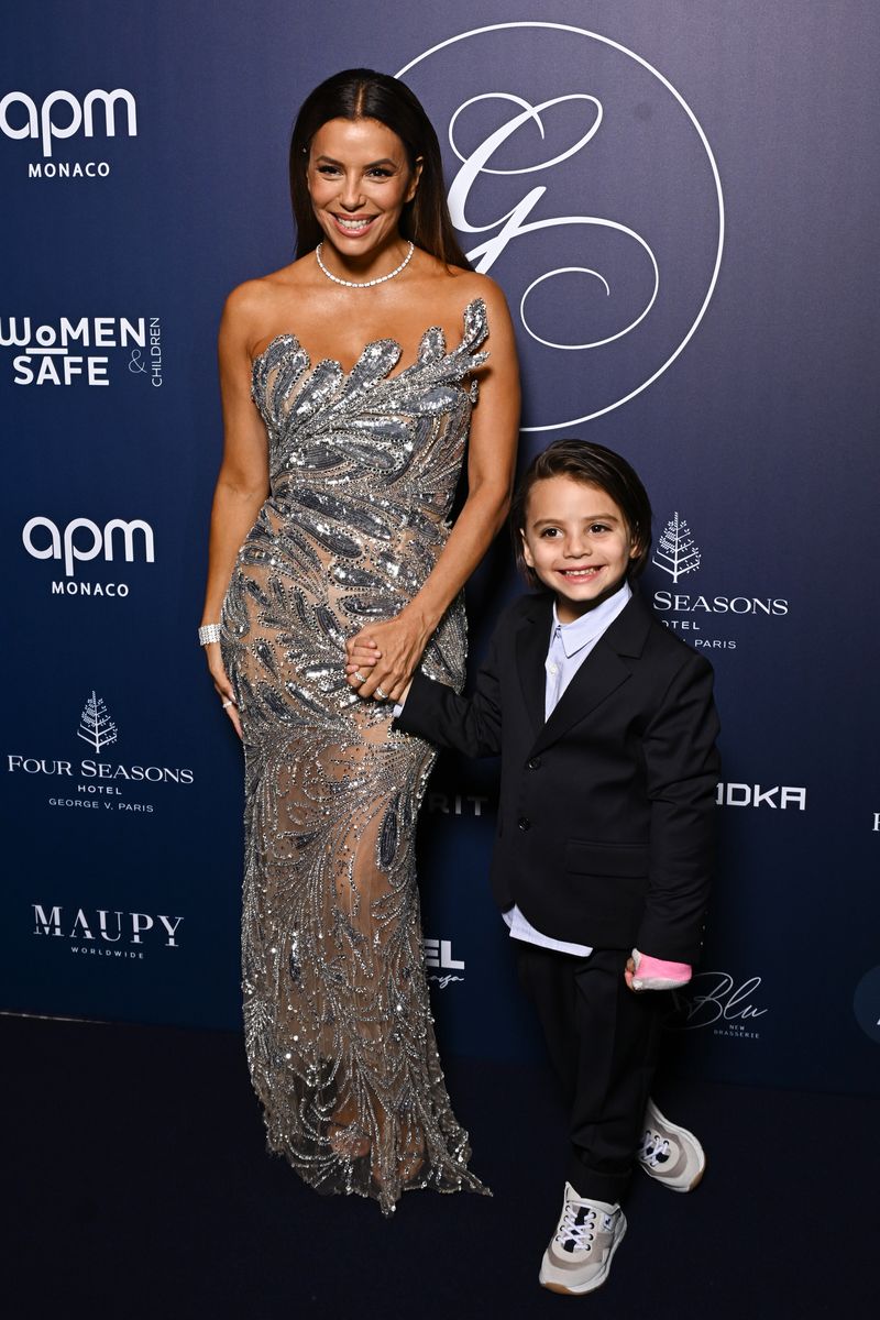 Eva Longoria and Santiago Enrique Baston attend  the "Global Gift Gala" Photocall at Four Seasons Hotel George V on October 05, 2024 in Paris, France.