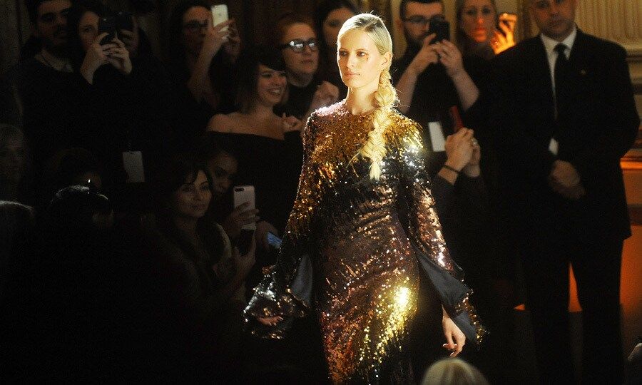 Karolina Kurkoval dazzled on the runway modeling a sequin dress at the Christian Siriano show held at the Plaza Hotel. Prior to the runway, the model got prepped with Essie nail polish.
Photo: Desiree Navarro/WireImage