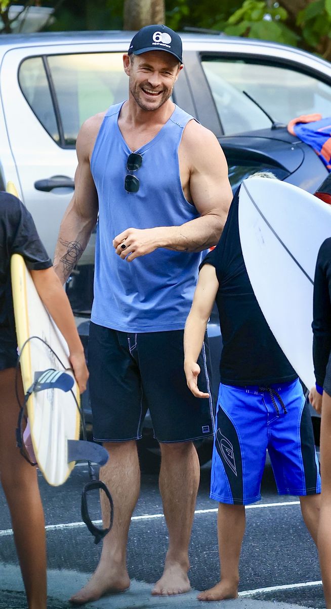 Chris Hemsworth on a beach outing in Byron Bay.